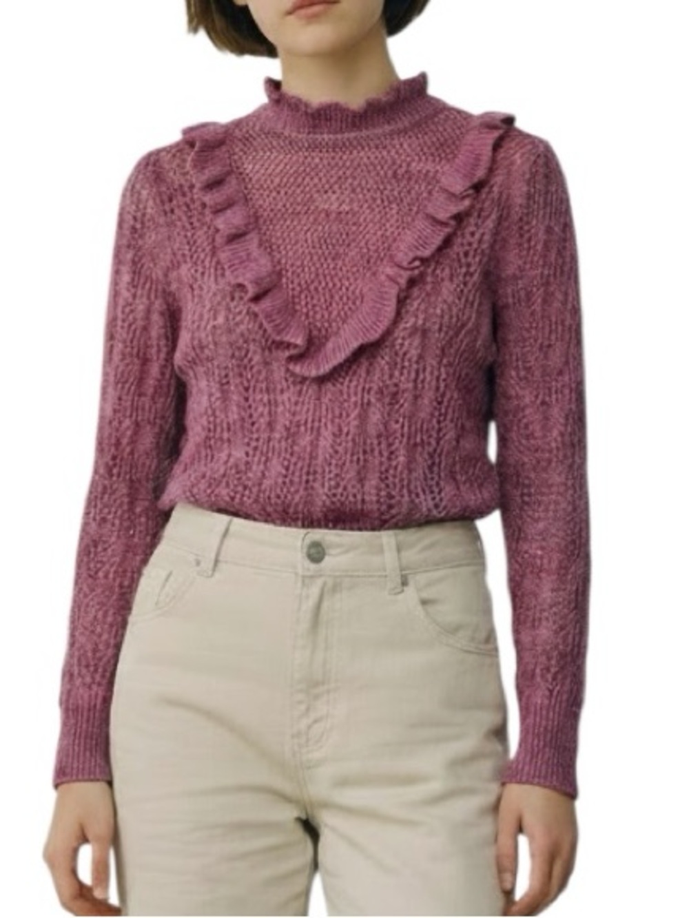 Bishop + Young ruffled v-neck open knit crochet sweater XS excellent condition